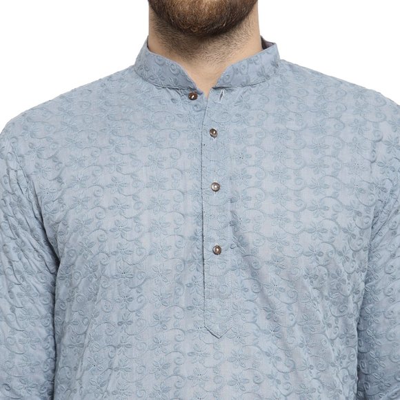 Designer Gray Cotton Chikankari Lucknowi Jaal Embroidered Kurta for Men - Picture 5 of 6